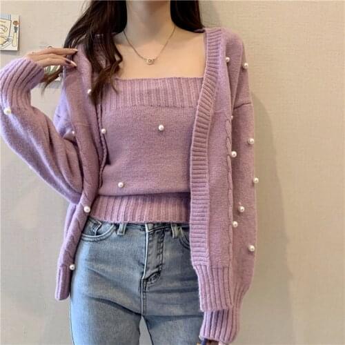 2 Piece Set Women Cardigan Beading Knitted Camisole Outfits Spring Autumn 2021 Short Tops Long Sleeve Cropped Camis Suit