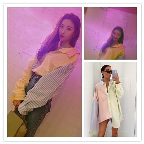 Kpop Korean Celebrity Streetwear Fashion Loose Patchwork Lapel Striped Shirts Women Summer Wild Single-breasted Blouse And Tops