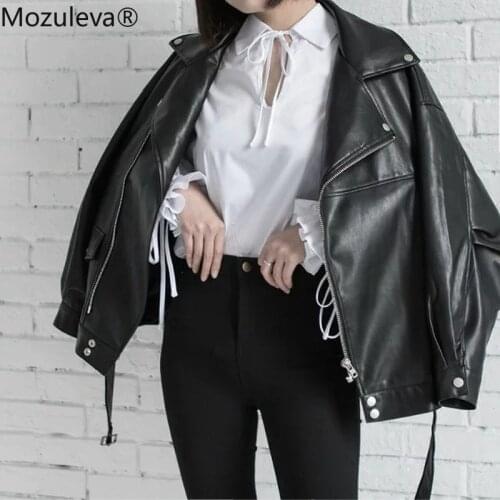 Mozuleva Autumn Retro Soft Faux Leather Pu Jacket Women Loose Punk Coat Female V Neck Moto Biker Rivet Zipper Street Overcoat