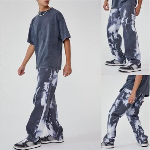 Men Loose Skate Jeans Fashion Adults Color Block Lightning Cloud Print Grey Trousers with Pockets