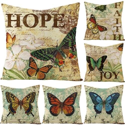 Cushion Cover 45*45 Vintage Butterfly Printed Pillow Covers Sofa Cushions Pillow Cases Cotton Linen Pillowcase Home Decor 0376