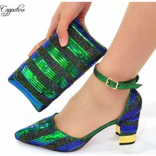 New Arrival Italian Shoes and Bags Set Green African Matching Ladies High Heels Sequins Pumps With Purse Handbag CR670 7.8CM
