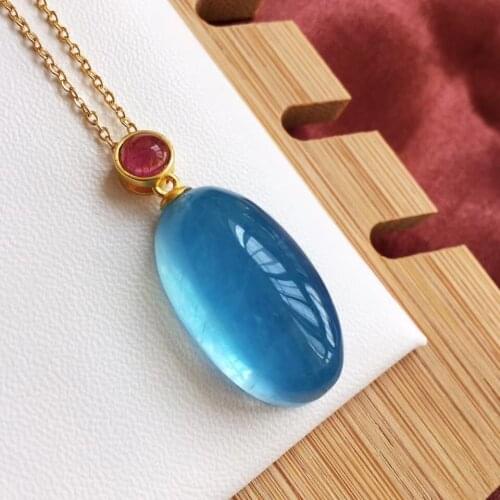 Genuine Natural Ice Blue Aquamarine Oval Pendant 23*12.5mm Women Man Love Clear Stone 18K Gold Necklace AAAAA