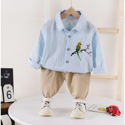 Autumn Children Baby Boy Clothes Kid solid Lapel Cartoon bird Shirt Pants 2Pcs/Sets Toddler Giraffe Casual Infant Tracksuits set