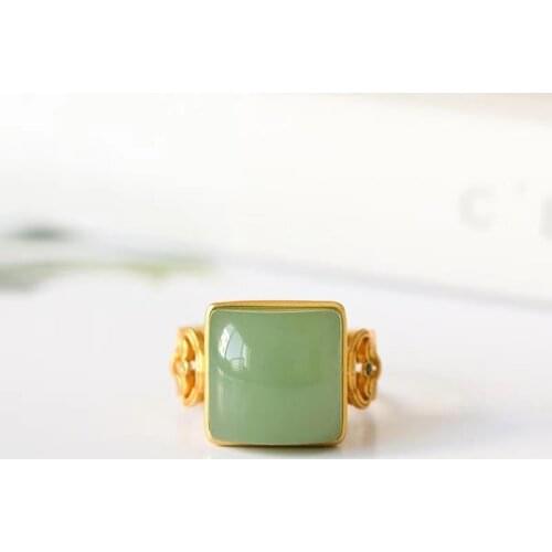 S925 Sterling Silver Gold Plated Natural Hetian Jade Green Jade Ring Oversized Square Ring Ornament for Women