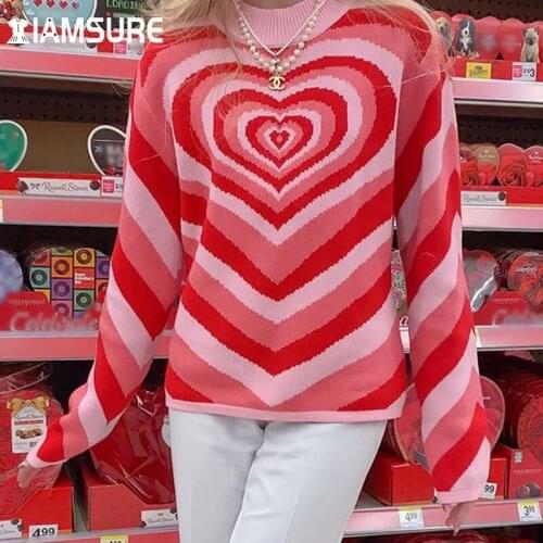 IAMSURE Geometric Oversized Sweater Autumn Sweet Casual Loose Long Sleeve Knitted Pullovers Women 2021 Fashion Cute Streetwear