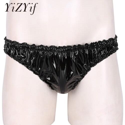 Men Sissy Briefs bikini maid panties knickers lolita cosplay Wet Look Patent Leather Lingerie Frilly Ruffled High Cut Underwear