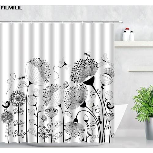 FILMILIL Black White Floral Shower Curtains Set Dandelion Butterfly Bees Simple Natural Flowers Bathroom Bath Screens Home Decor