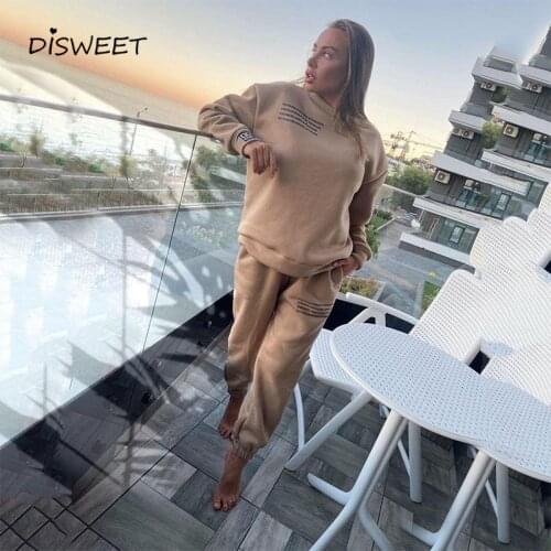 Letter Print Pullover Suit Women Streetwear O-Neck Long Sleeve Loose 2-piece Woman Simple Slim Warm Womens Suit 2020