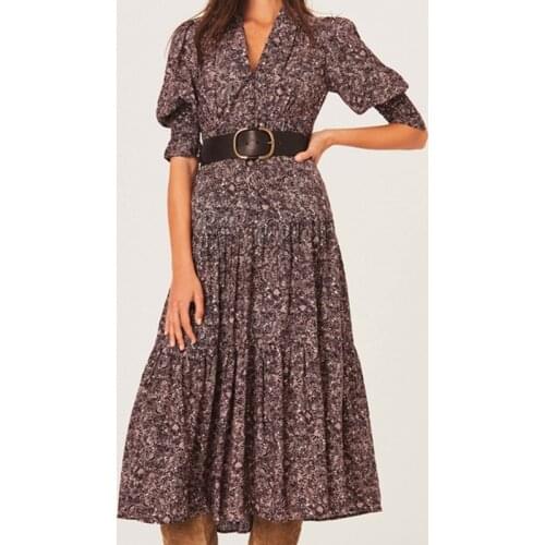 NEW Spring Summer Women Floral Print Vintage Female V Neck Half Lantern Sleeve Midi Dresses