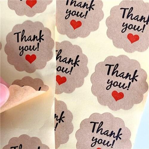 100pcs/Lot Thank you With Red Heart Kraft Label Sticker DIY Hand Made For Gift Cake Baking Sealing Sticker
