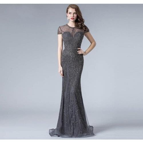 2021 YQLNNE Gray Rhinestones Evening Dress Long Mermaid Formal Pageant Gown Cap Sleeve Tulle Beaded Elegant