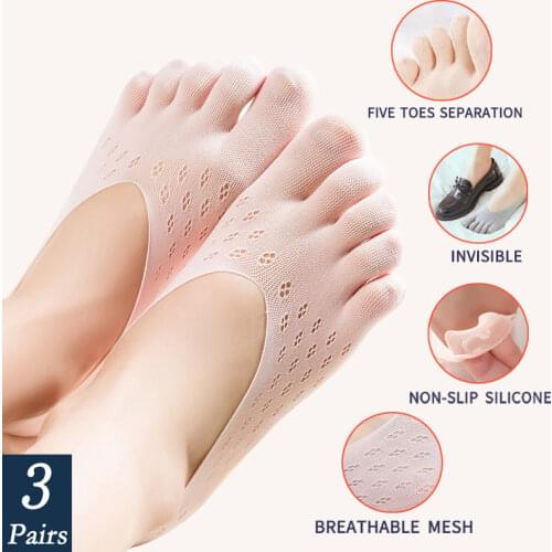 3 Pairs/Set Womens Five-finger Socks Summer Thin Mesh No show Female Slipper Funny invisible Silicone non-slip Boat Toe Socks