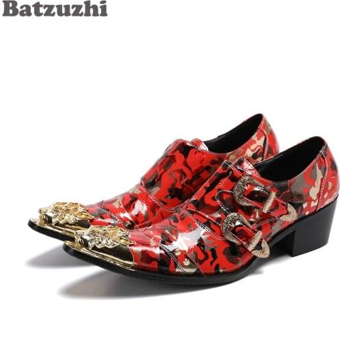 Batzuzhi 6.5cm High Heel Mens Shoes Buckles Rock Formal Leather Shoes Men Red Wedding Party Shoes Male, Big Sizes EUR38-46