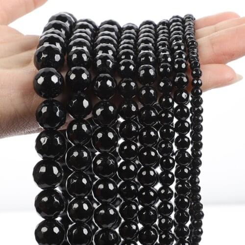 Faceted Blackstone Natural Stone Beads Round Loose Spacer Beads For Jewelry Making DIY Bracelets Earrings Necklace 4/6/8/10/12mm