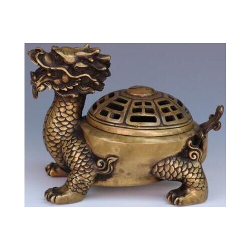 Exquisite Old Chinese Hand-carved Dragon Turtle Brass Incense Burner Censer Statue