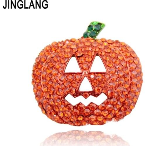 JINGLANG Fashion Gold Color Brooches Pins Orange Rhinestone Pumpkin Mask Brooches Christmas Halloween Decoration Gift Jewelry
