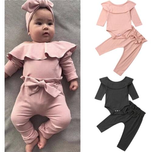 2pcs Newborn Baby Girl Clothes Set Solid Ruffle Long Sleeve Romper Tops Pants Autumn Baby Cotton Warm Outfit