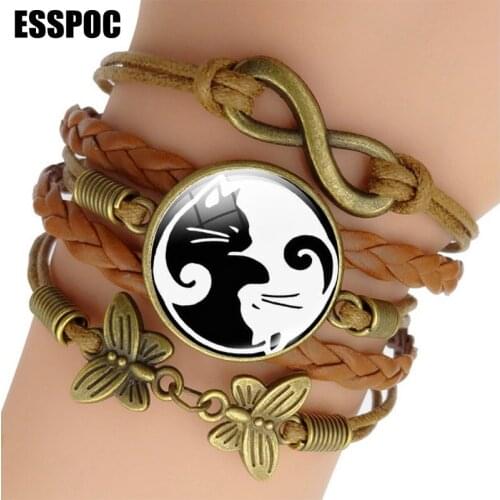 Yin Yang Cat Retro Infinity Sign Braided Warp Leather Bracelet Yin Yang Punk Jewelry for Women Men Gifts BGA