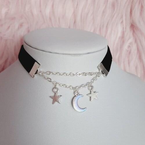 Kawaii cute black alternative goth choker with moon and stars