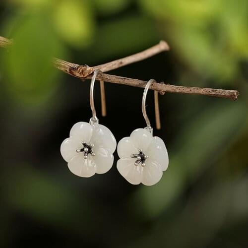 Natural 925 sterling silver retro inlaid white hetian jade flower earrings charm jewelry individuality fashion for women