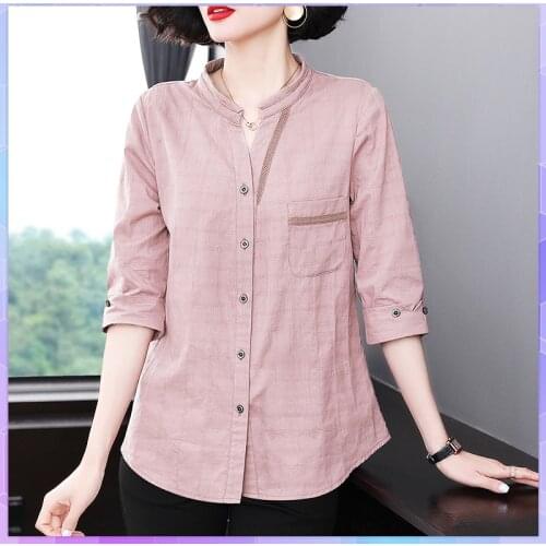 Plus Size Solid Cotton Linen Shirt Three-quarter Sleeves T-shirt Womens T-shirts 2021 Summer Thin Plaid Top Ladies Large Size