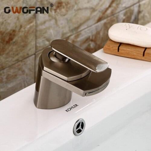 Bathroom Brushed Nickel Waterfall Faucets Deck Mounted Basin Mixer Tap Brushed Sink Tap Vanity Hot And Cold Water Mixer Tap 429