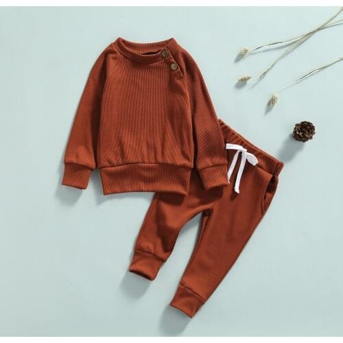 2Pcs Kids Spring Autumn Tracksuit Solid Color Ribbed Long Sleeves Pullover Shirt+Casual Pants for Little Boys Girls Sleepwear