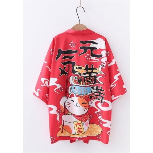 Japanese Kimono Fashion Maneki Neko Jackets Cardigan Yukata Outerwear Fortune Cat Haori Coats Casual Overcoats
