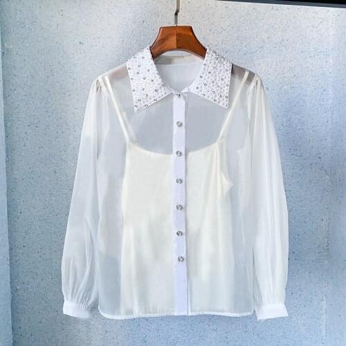 Ladies Chiffon Blouse Crystal Beads Fashion Long Sleeve Runway Top Shirt 2021 Spring Korean Black White Ladies Top Shirt