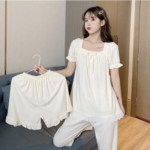 Ladies' 3-piece Knitted Cotton Pajamas, Short Sleeves,Trousers and Shorts Pajamas Lace Princess Wind Home Plus Size Home Clothes