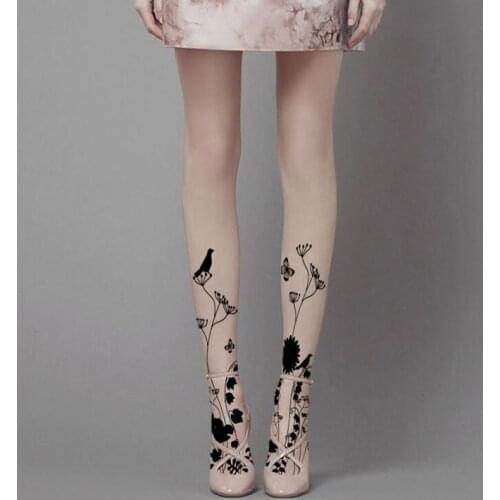 Womens Flower & Bird Tattoo Tights, Thin Summer Sheer Tights