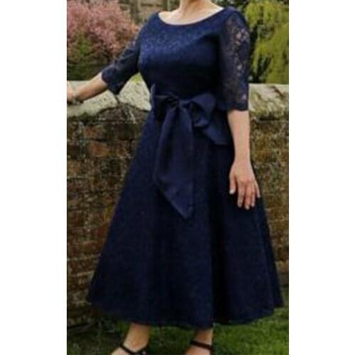 Plus size navy blue lace backless bride mother dress half sleeve tea long belt formal wedding dress