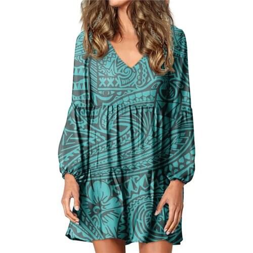 Hycool Lake Blue Polynesian Tribal Print Women Casual Loose Home Dress Sexy V-Neck Lantern Long Sleeve Plus Size Pregnant Dress