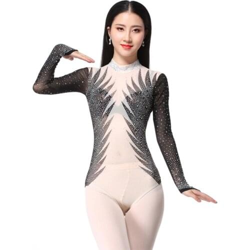 2018 New Sexy Leotard Women Dance Accessories Wild Long Sleeves High Neck Tops Bottoming Shirt Belly Dance Drilling Bodysuit