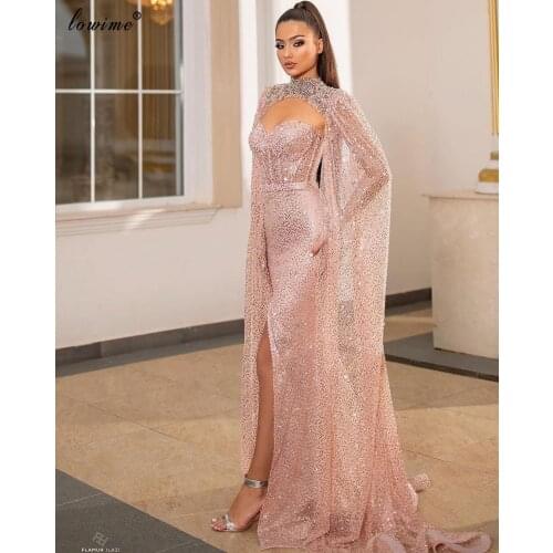 Two Pieces Pink Bling Prom Dresses Long Elegant Mermaid Evening Dresses 2020 Full Sleeves вечернее платье Woman Party Night
