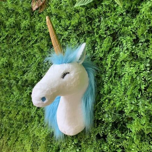 2020 STUFFED ANIMAL WALL DECORATION ANIMAL HEAD BLUE UNICORN HEAD PLUSH TOY FOR WALL DECORATION
