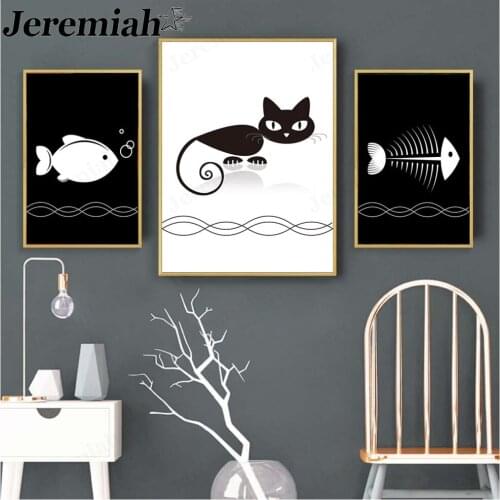 Abstract Cat Canvas Poster Cartoon Black and White Line Fish Painting Wall Art Picture Print Modern Living Room Home Decoration
