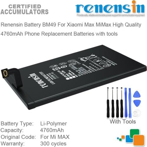 Renensin Battery BM49 For Xiaomi Max MiMax High Quality 4760mAh Phone Replacement Batteries with tools