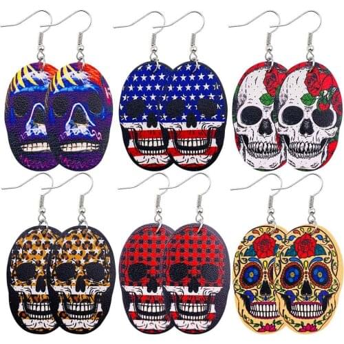 Free Shipping Funny Halloween Skull Shape Leather Drop Earrings Fashion Punk Jewelry For Women Girls Ladies Accessories