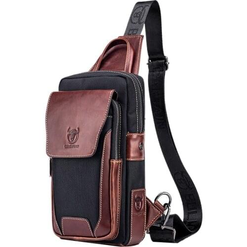 Bullcaptain Fashion Leather Crossbody Bags for Men Messenger Chest Bag Packs Travel Single Shoulder Strap Packs Brown