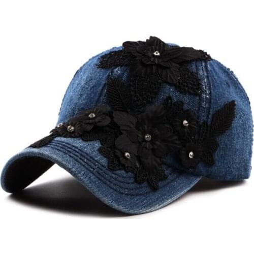 CEQING004 New Autumn Girl Floral patch Baseball Caps Women Washed denim Rhinestone Adjustable Cotton Snapback Hat Gorros