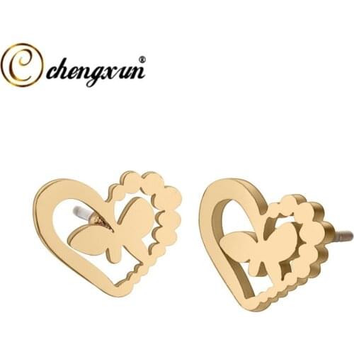 CHENGXUN Stainless Steel Hollow Heart Earrings Girls Butterfly Party Accessories Wedding Jewelry