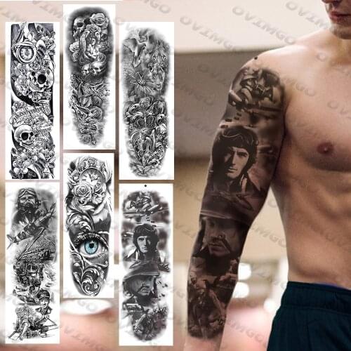 Black Soldier Temporary Tattoos Sleeves For Men Adult Women Teens Fake Skull Clock Tattoo Sticker Devil Eyes Full Arm 3D Tattos