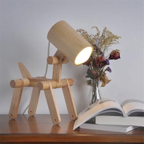 Nordic Wooden Dog Style Table Lamp Modern Bedroom Study Living Room Art Deco Solid Wood Reading Lamp Childrens Room Table Light
