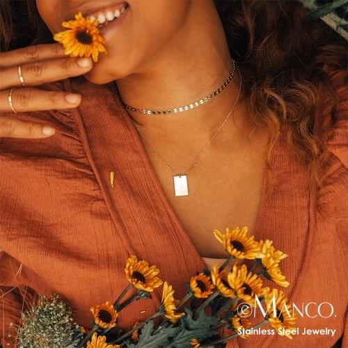 E-Manco Fashion Double-layer Gold Chain Square Pendant Necklace for Women Simple Geometric Female Trendy Chokers Necklaces