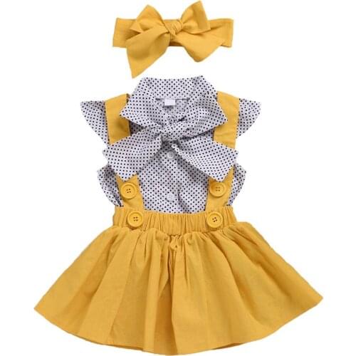 2021 Summer Baby Girl Sweet Dress Sets 3Pcs Polka Dot Short Sleeve Shirt+Strap Dress+Headband Suit Children Girl Clothing Casual
