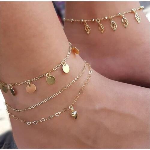 3 Pcs/Set Bohemia Women Anklets Round Heart Leaf Tassel Pendant Gold Anklet Set Fashion Beach Party Jewelry Accessories