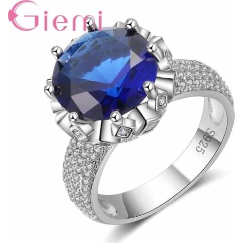New Fashion Unique Round Crystal Ring Big Blue Zircon Women Fashion 925 Sterling Silver Rings Jewelry for Women Party