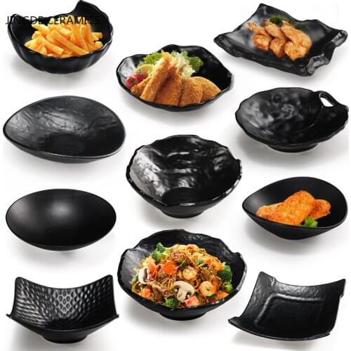 Pure Black Plastic Plate Dish Bowl Dinner Bowls Soup Noodles Rice Bowl Cake Dishes Salad Plate Restaurant Kitchen Tableware